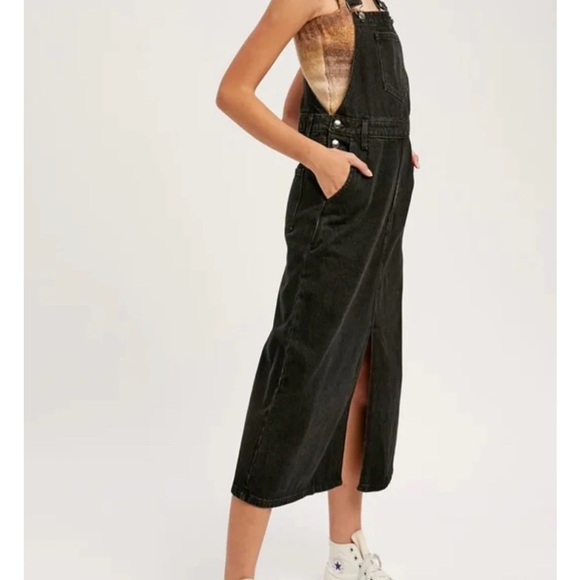 Listicle NWT Black Denim Midi Overall Bib Dress Size S Small - Picture 4 of 11